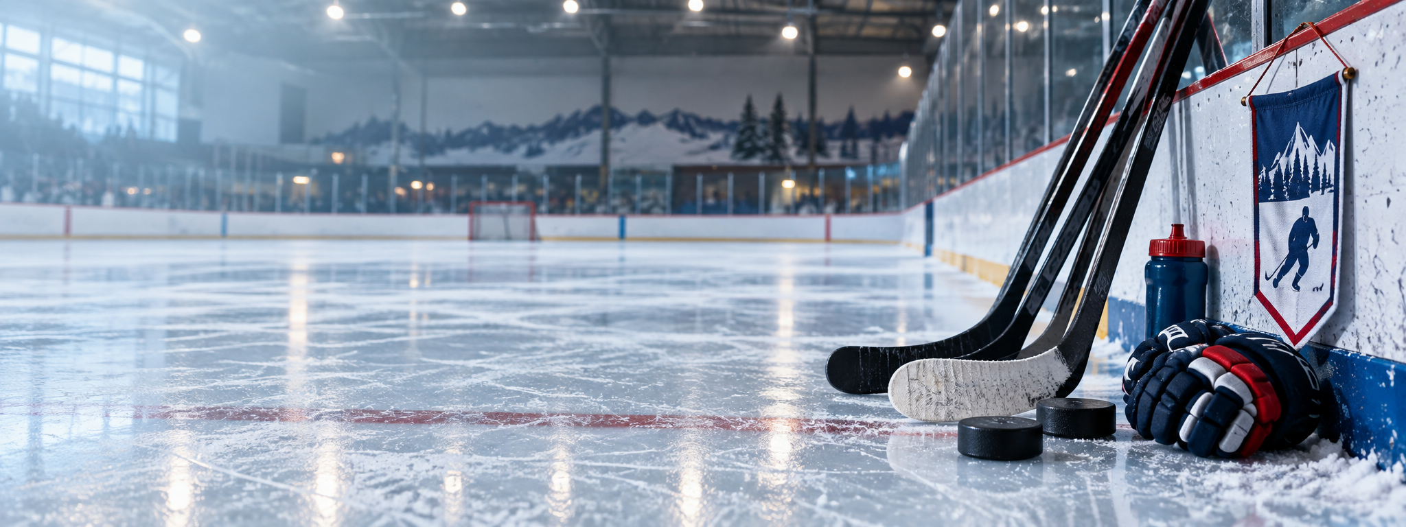 Bâtons, rondelles et équipement de hockey près de la bande d'une patinoire.